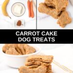 Homemade carrot cake dog treats ingredients and the treats in a bowl and in a stack.