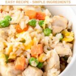 A bowl of homemade chicken fried rice for dogs.