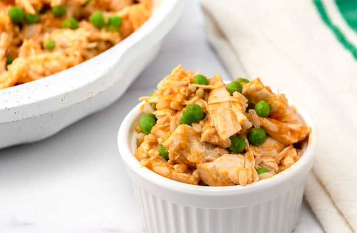 Homemade chicken and pumpkin dog food with rice and green peas.