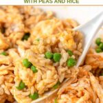 Homemade chicken and pumpkin dog food in a serving spoon over the food in a skillet.