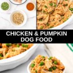 Homemade chicken and pumpkin dog food ingredients and the food in a skillet and bowl.