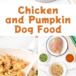 Homemade chicken and pumpkin dog food in a bowl and skillet and the ingredients to make it.