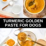 Homemade turmeric golden paste for dogs ingredients and the paste in a bowl and jar.