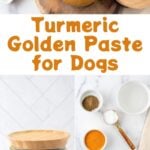 Homemade turmeric golden paste for dogs in a jar and a bowl and the ingredients.