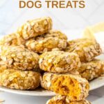 Homemade low fat dog treats on a plate and one broken in half in front.