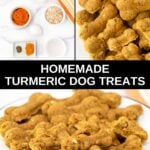 Homemade turmeric dog treats ingredients and the treats in a bowl.