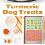 Homemade bone-shaped turmeric dog treats on a plate and in stacks and the ingredients to make them.