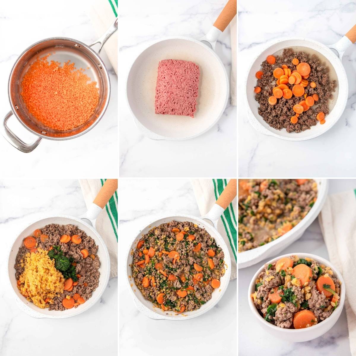 Cooking and serving homemade dog food with beef, lentils, carrots, and spinach.