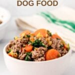 Ground beef and lentil dog food in a small bowl.
