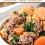 A bowl of homemade dog food with ground beef, lentils, spinach, and carrots.