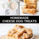 Homemade cheese dog treats ingredients and the treats in a stack and on a plate.