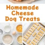 Homemade cheese dog treats on a plate, in a stack, on a baking sheet, and the ingredients.