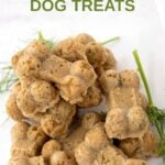 Bone-shaped homemade fennel dog treats, fennel fronds, and fennel seeds on a marble surface.