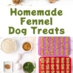 Homemade fennel dog treats in a pile, bowl, baking molds, and the ingredients to make them.