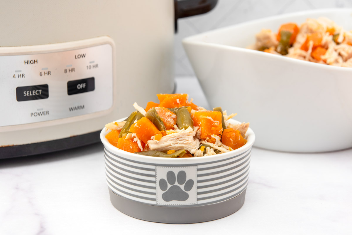 A slow cooker and bowls of homemade dog food with chicken, sweet potato, and green beans.