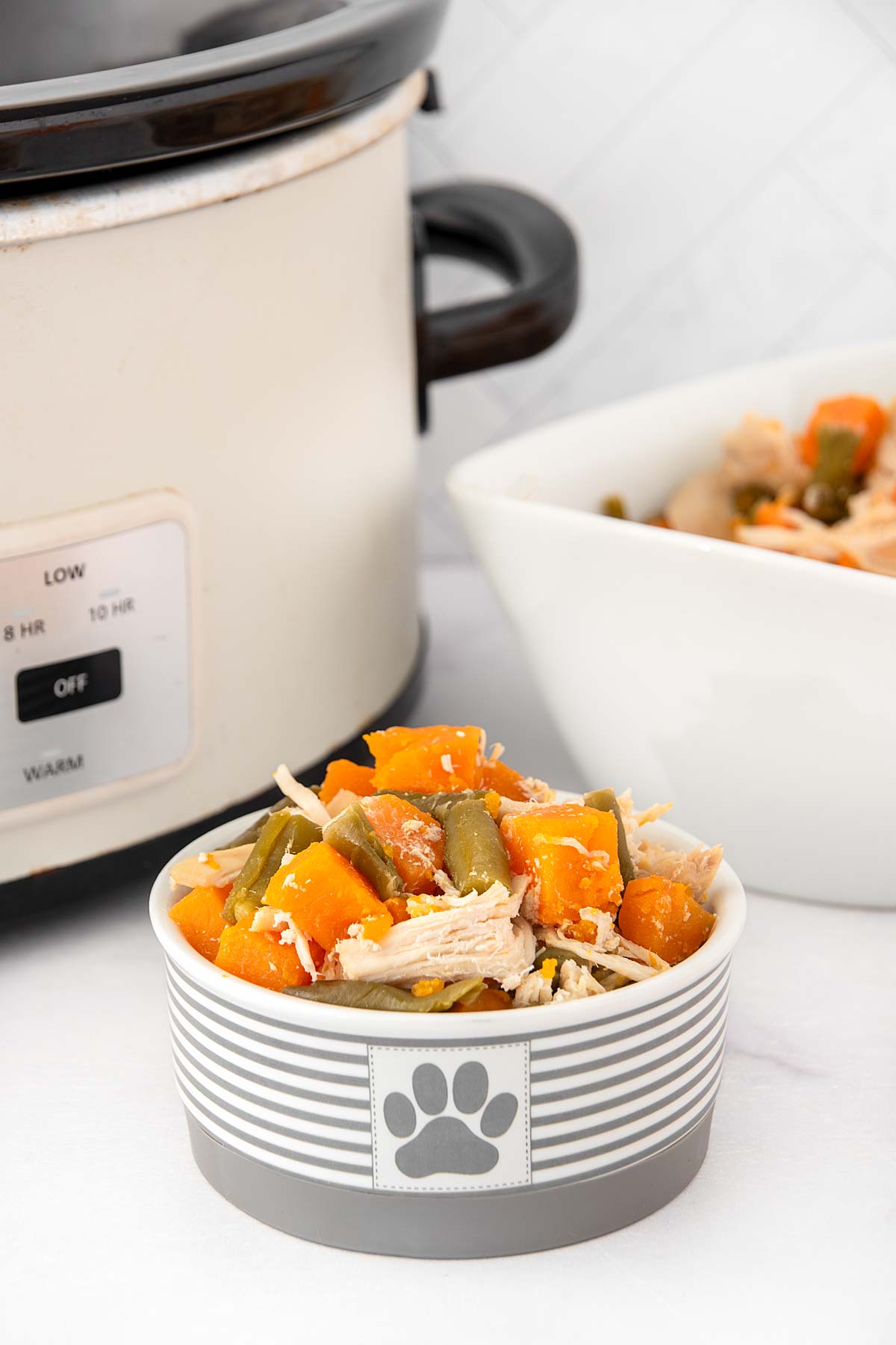 A bowl of dog food with chicken, sweet potatoes, and green beans in front of a slow cooker.