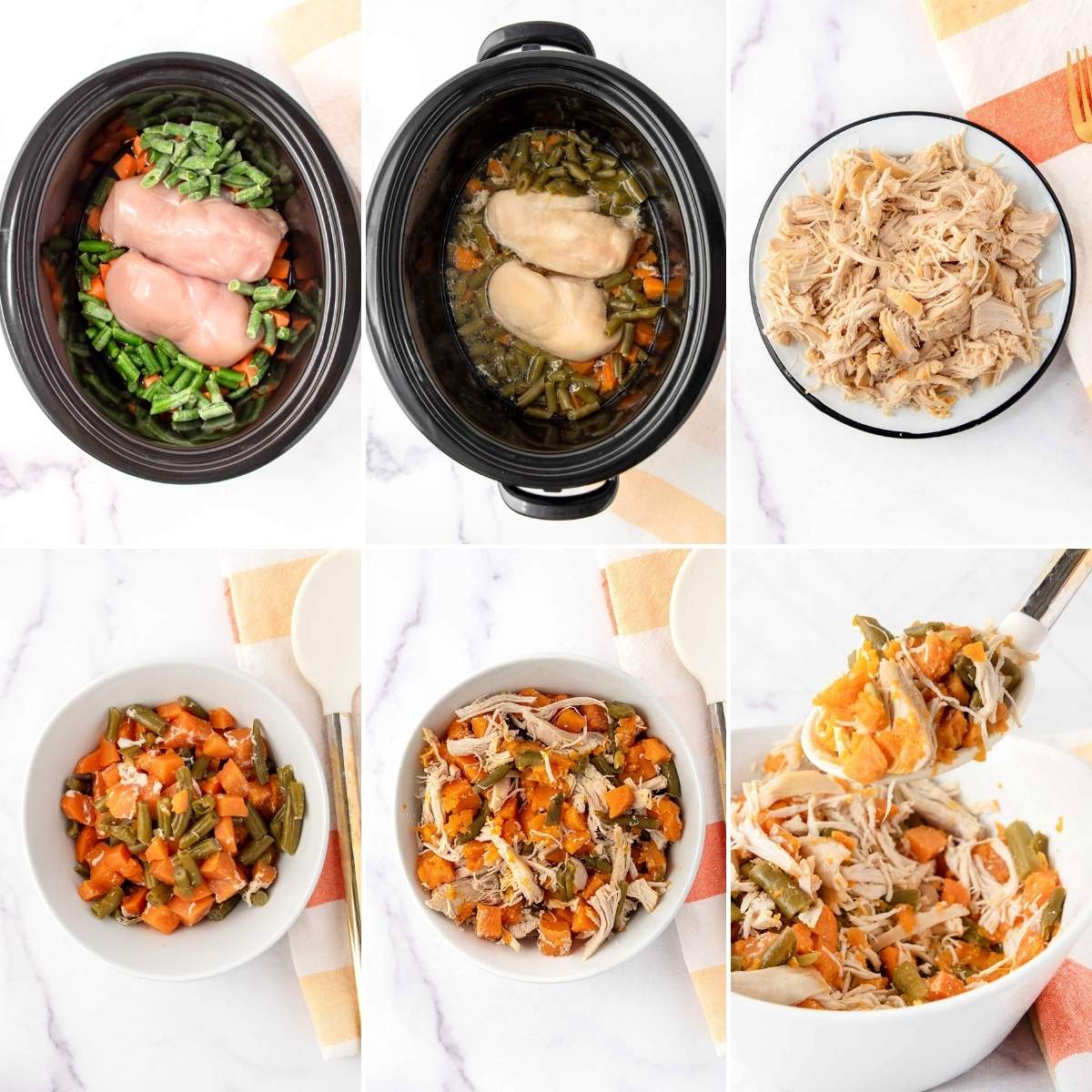 Cooking and preparing chicken and sweet potato dog food in a slow cooker and serving it.
