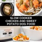 Slow cooker chicken and sweet potato dog food ingredients, cooking, and served.