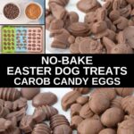 Ingredients for making no-bake Easter dog treats and the candy eggs, bunnies, ducks, and baskets.