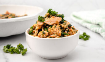 Homemade salmon and pumpkin dog food in a small bowl next to a skillet of it.