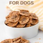 A bowl of dehydrated banana chips for dogs and a few scattered in front of it.