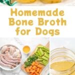 Jars of homemade bone broth for dogs and the ingredients to make it.