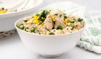 Chicken breakfast bowl for dogs with oatmeal, egg, and spinach.