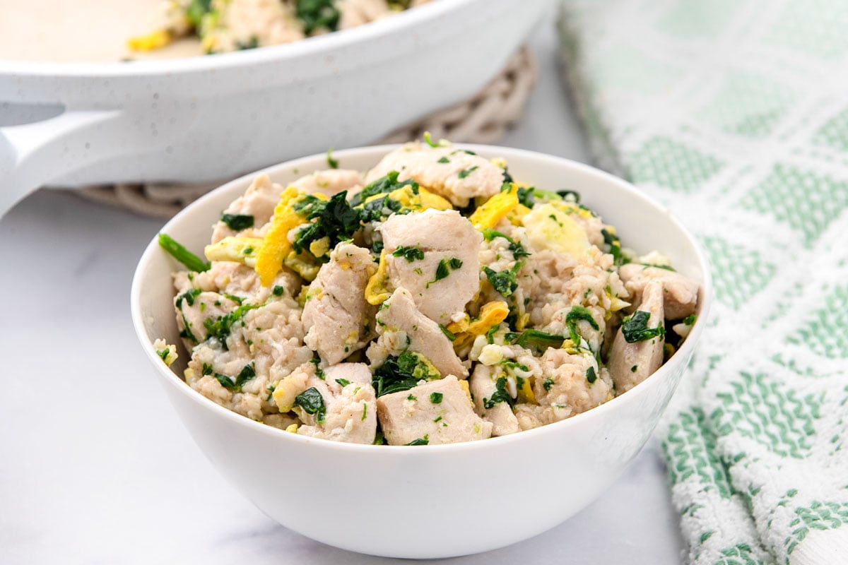 Breakfast bowl for dogs with chicken, egg, spinach, and oatmeal.