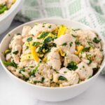 Chicken breakfast bowl for dogs with egg, spinach, and oatmeal.