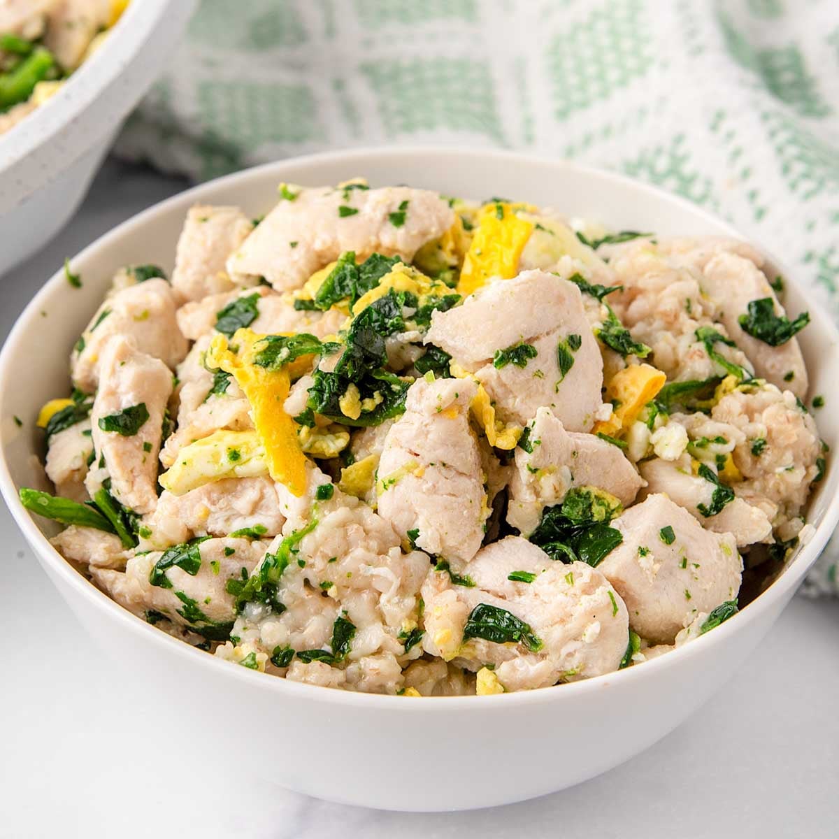 Chicken breakfast bowl for dogs with egg, spinach, and oatmeal.