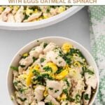 A chicken and oatmeal breakfast bowl in a skillet and served in a bowl.