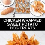 Chicken wrapped sweet potato dog treats ingredients, on a dehydrator tray, and served.