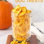 Homemade dehydrated pumpkin dog treats in a mason jar and a pumpkin behind it.