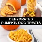 A sliced pumpkin and dehydrated pumpkin dog treats in a jar and bowl.