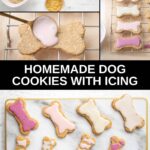 Homemade dog cookies with icing ingredients and the treats on a rack and platter.