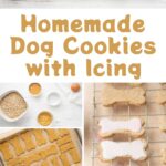 Homemade dog cookies with icing, the ingredients, and making them.