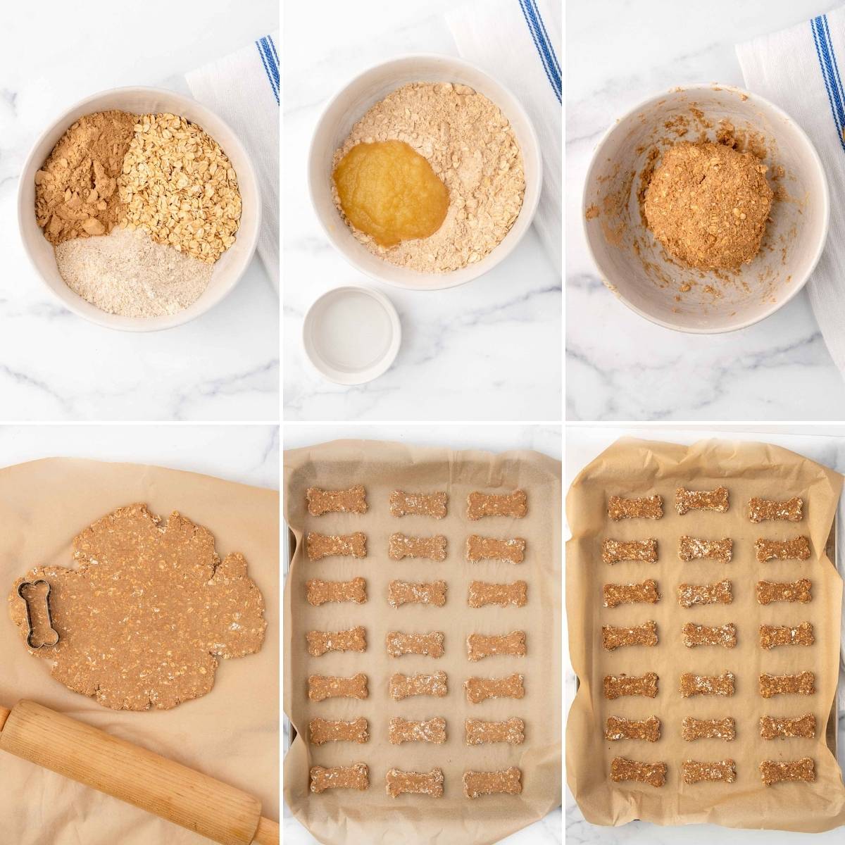 Making baked dog treats with brewer's yeast, oats, and applesauce.