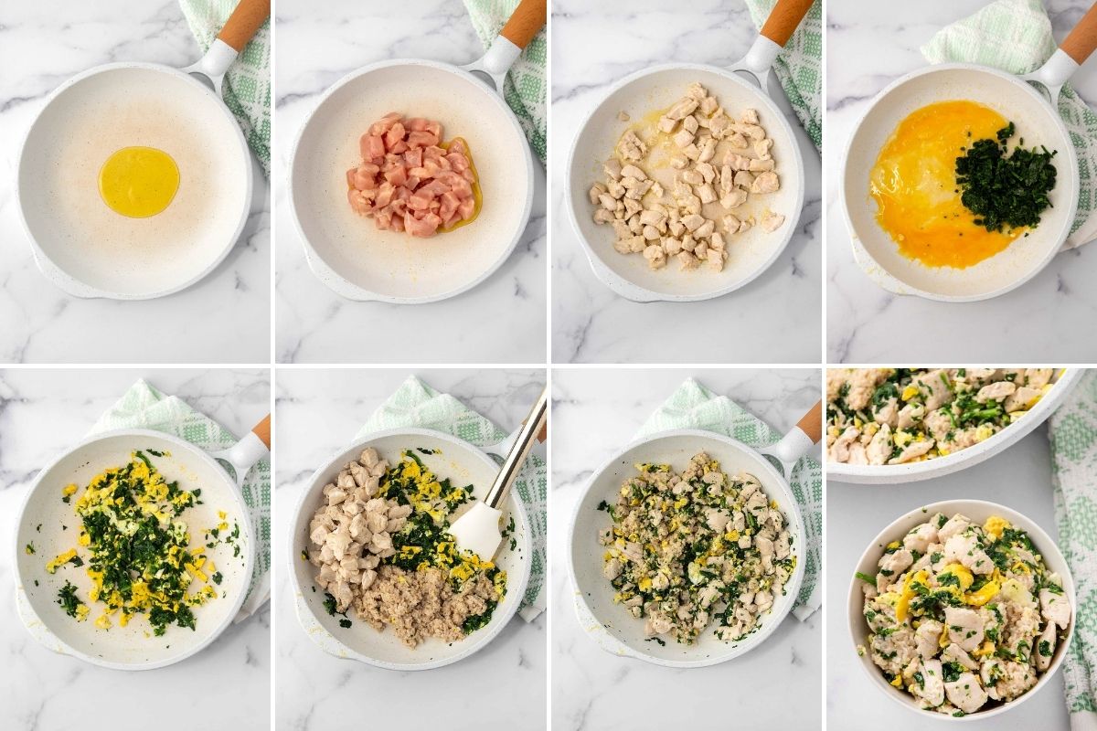 Making a breakfast bowl with chicken, oatmeal, egg, and spinach.