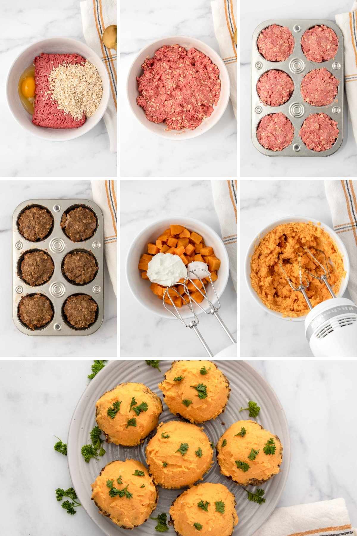 Making meatloaf cupcakes and sweet potato frosting.