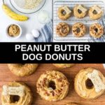 Ingredients for peanut butter dog donuts and the donuts on a wire rack and wood platter.
