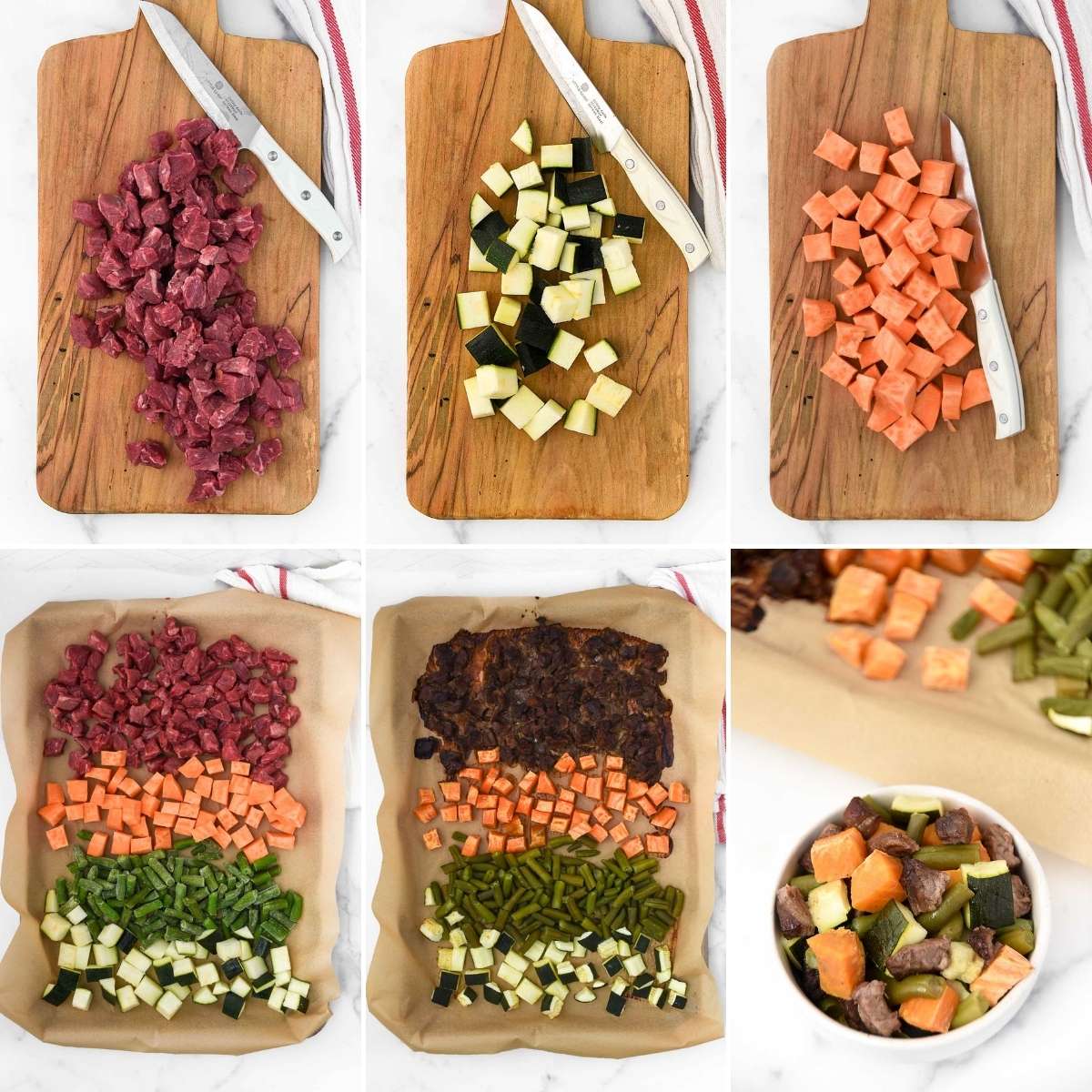 Cutting beef and veggies and cooking them on a sheet pan in the oven.