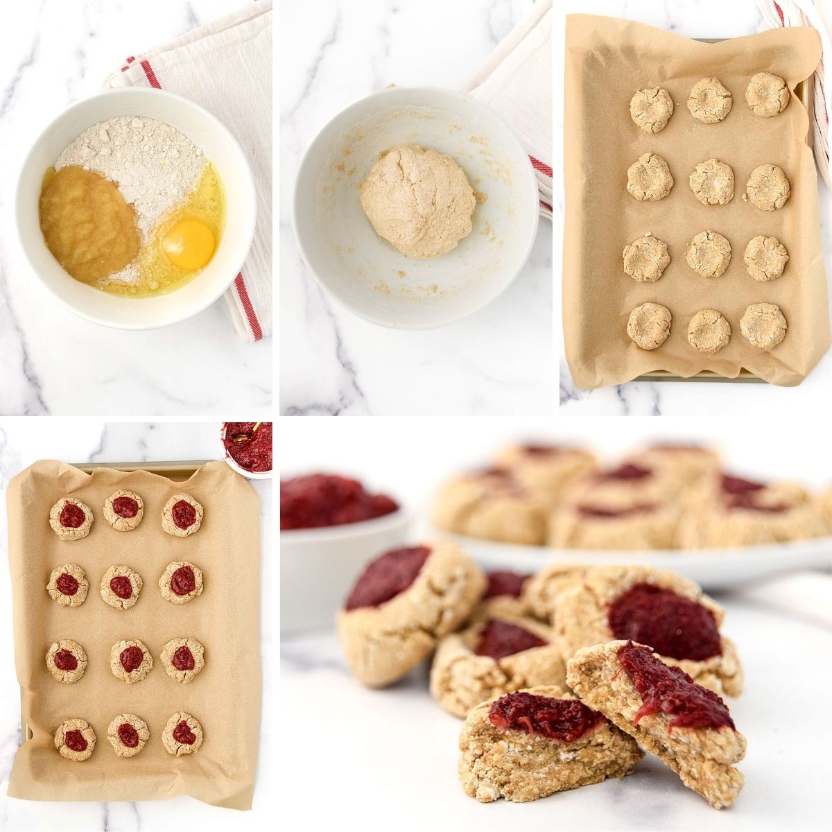 Making dog-friendly thumbprint cookies with jam.