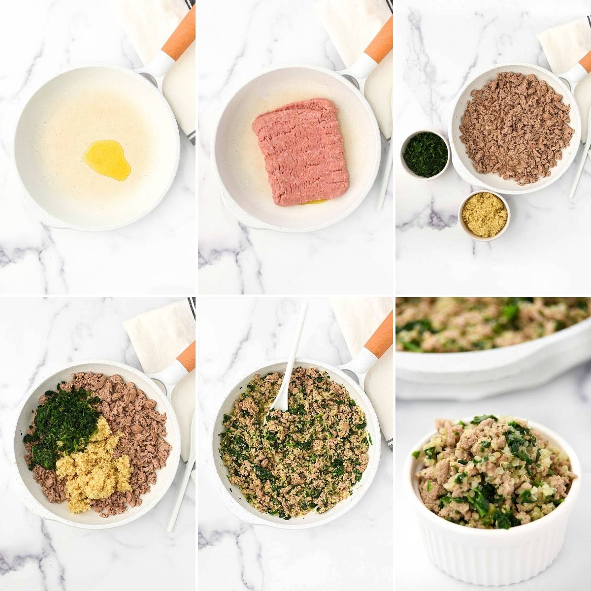 Making homemade dog food with ground turkey, spinach, and quinoa.