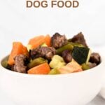 A small bowl of sheet pan beef and veggie dog food.