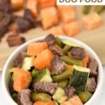Beef and veggie dog food on a sheet pan and in a small bowl.