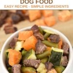 A bowl of sheet pan beef and veggie dog food.