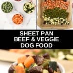 Sheet pan beef and vegetable dog food ingredients and the food baked and served.