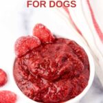 Homemade strawberry jam for dogs and strawberries on and beside it.