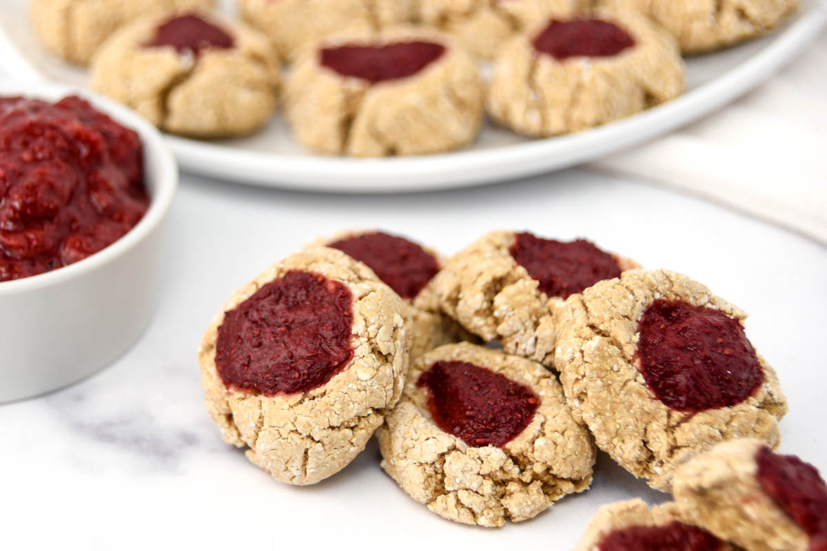 Homemade strawberry jam thumbprint cookies for dogs.