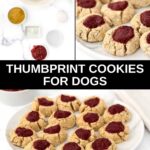 Thumbprint cookies for dogs ingredients and the cookies on a plate.